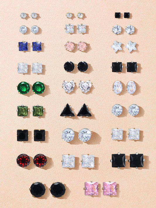 Pack of 26 Multicolour Geometric  AD Stud Earrings
