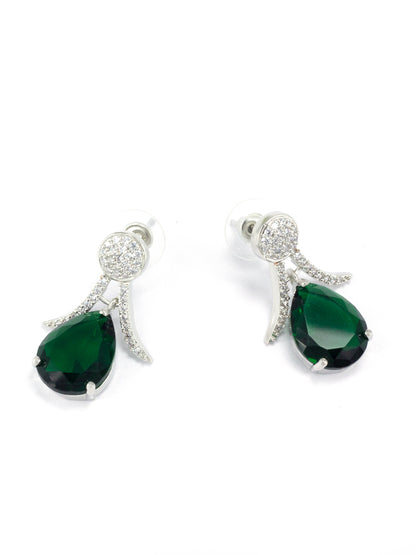 Rhodium Plated American Diamond Studded Emerald Green Earrings