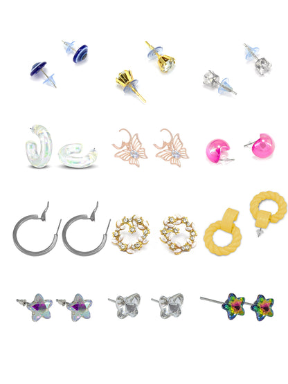 Pack of 12 Multi Colour Drop, Hoop & Studs Earrings