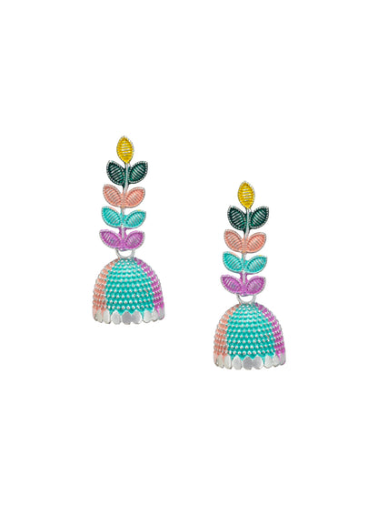 Silver-Plated Leaf Multi Color Jhumki Earrings