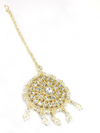 Gold- Plated Kundan Stone Studded Beaded Jhumka Earrings With Maangtika