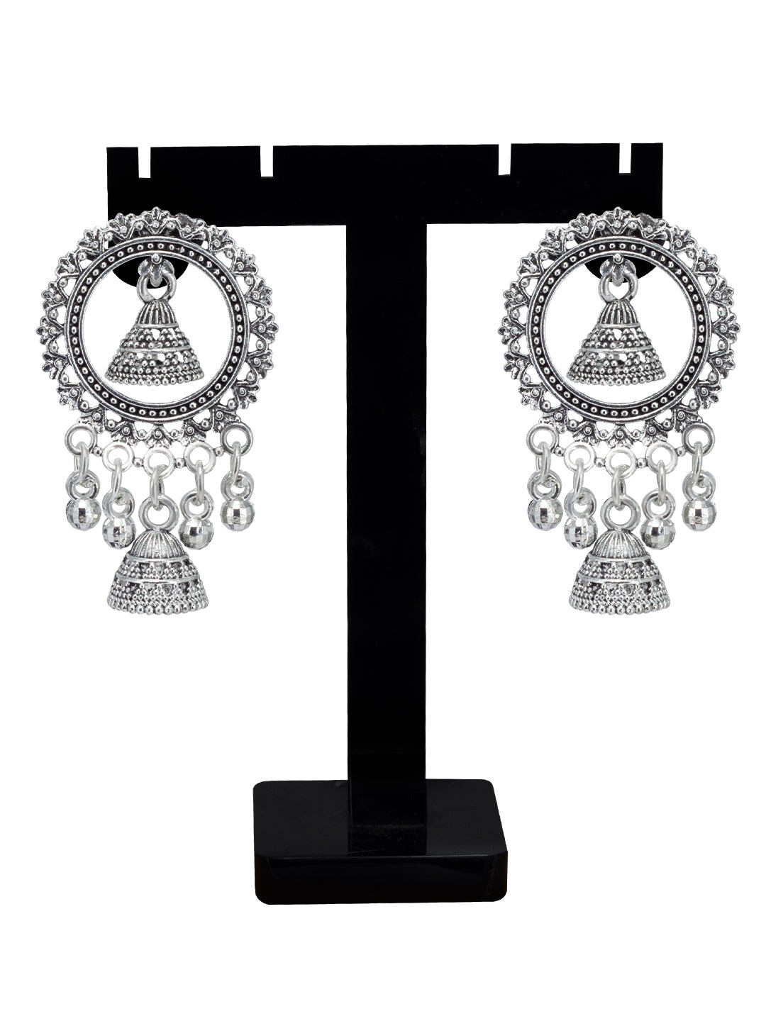 Silver Oxidized Circular Jhumki Drop Earrings
