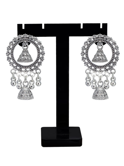 Silver Oxidized Circular Jhumki Drop Earrings