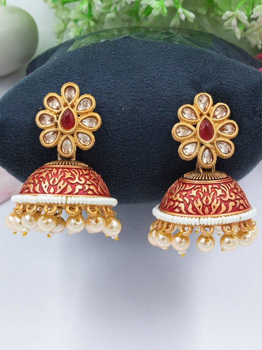 Red Floral Beads Drop Jhumka Earrings