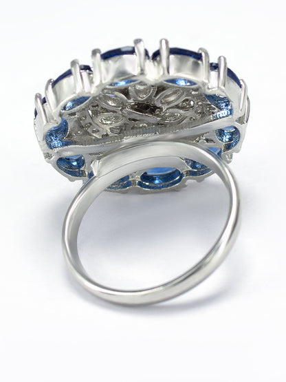 Rhodium-Plated Blue American Diamond Floral Adjustable Cocktail Finger Ring
