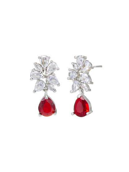 Rhodium Plated Red American Diamond Drop Earrings