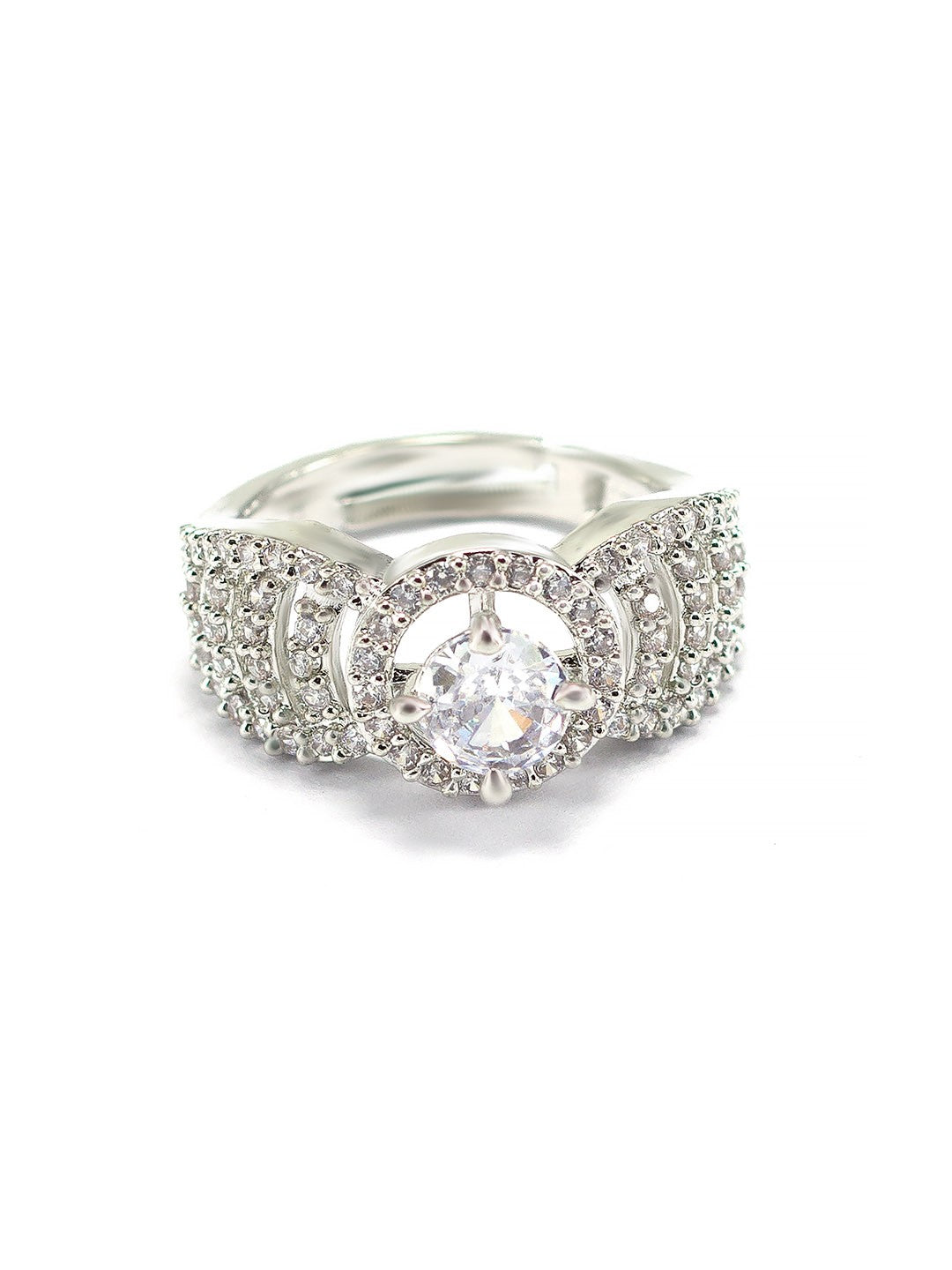 Rhodium Plated American Diamond Adjustable Solitaire Finger Ring