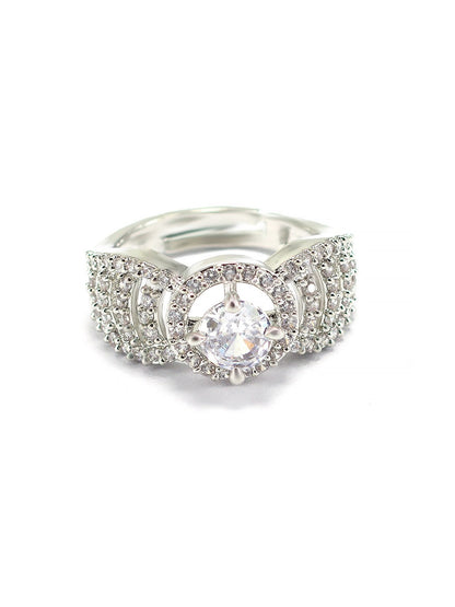 Rhodium Plated American Diamond Adjustable Solitaire Finger Ring
