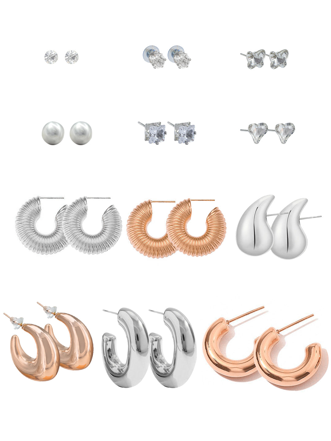 Pack of 12 Silver Plated & Rose Gold Plated Drop, Hoop & Studs Earrings