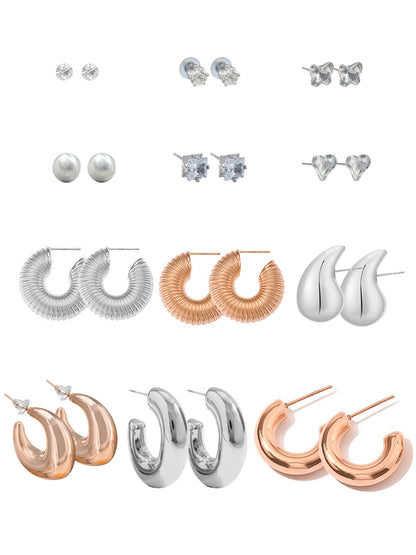 Pack of 12 Silver Plated & Rose Gold Plated Drop, Hoop & Studs Earrings