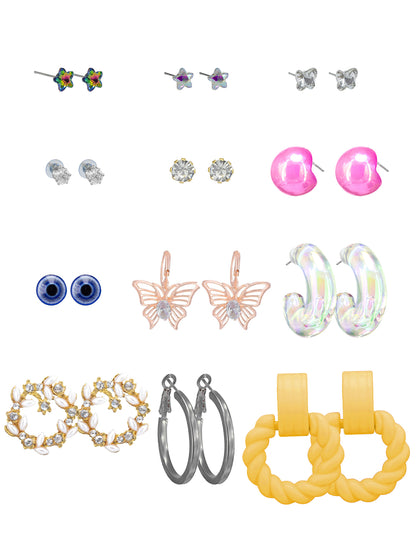 Pack of 12 Multi Colour Drop, Hoop & Studs Earrings