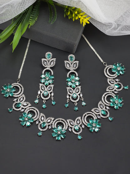 Mint Green AD Studded Floral Jewellery Set
