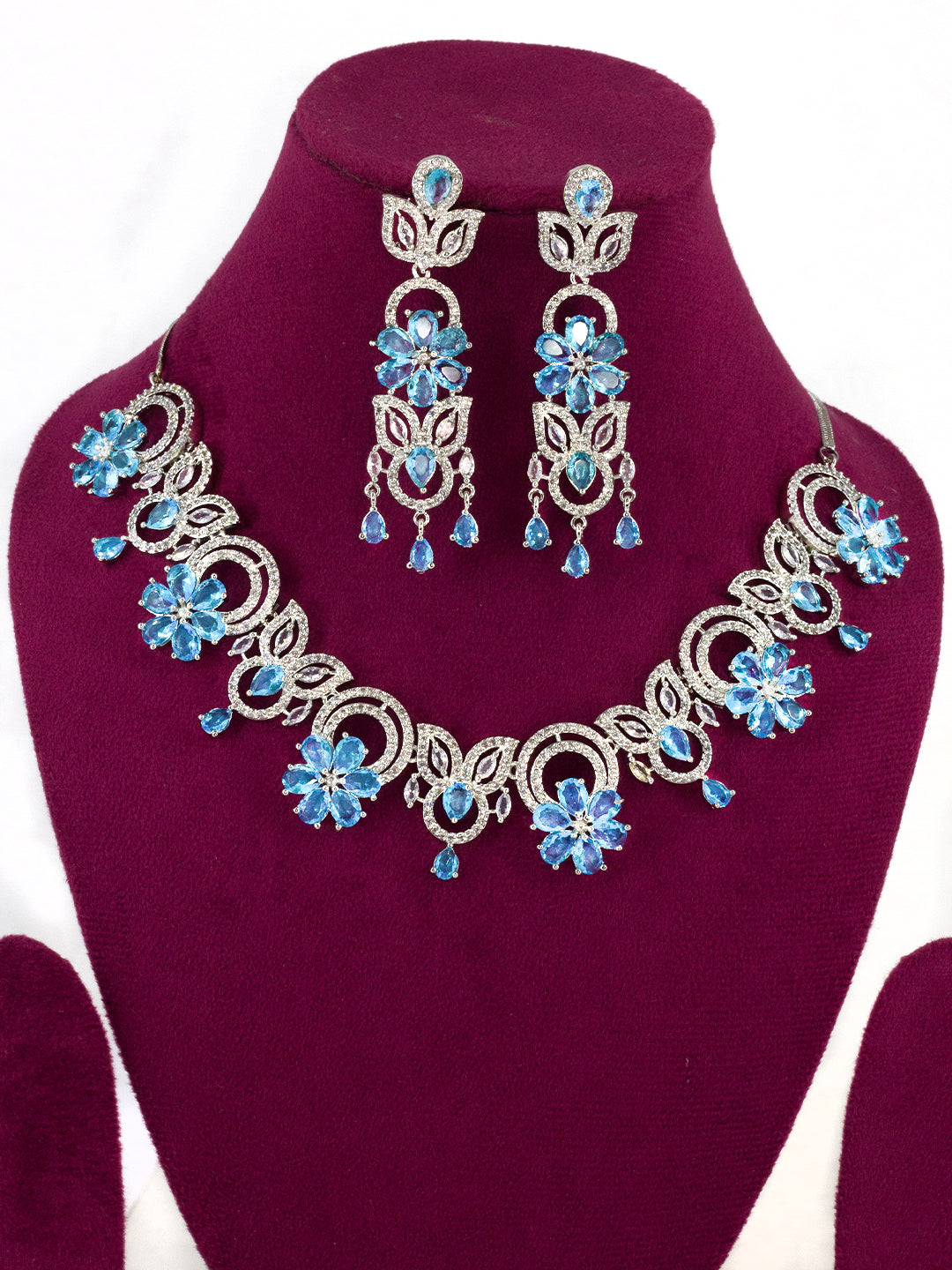 Blue AD Studded Floral Jewellery Set