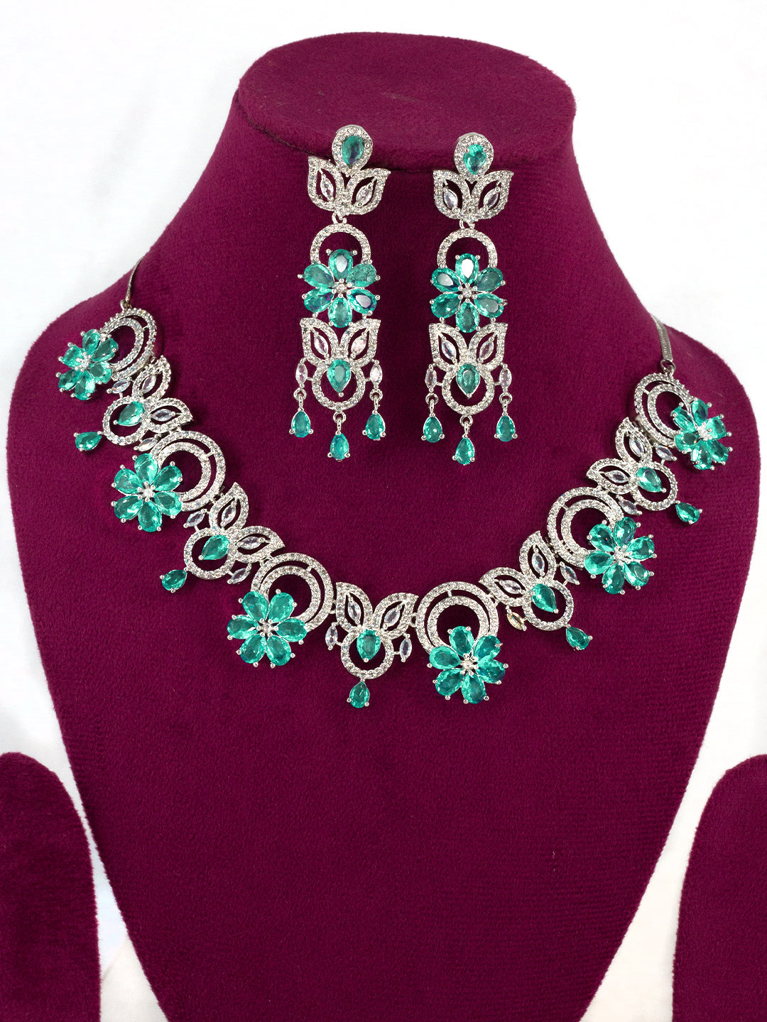 Mint Green AD Studded Floral Jewellery Set