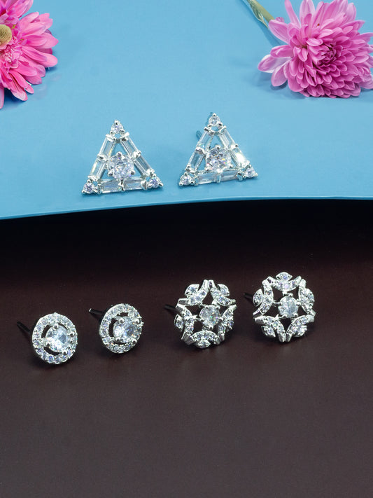 Pack Of 3 Rhodium Plated Geometric American Diamond Earrings