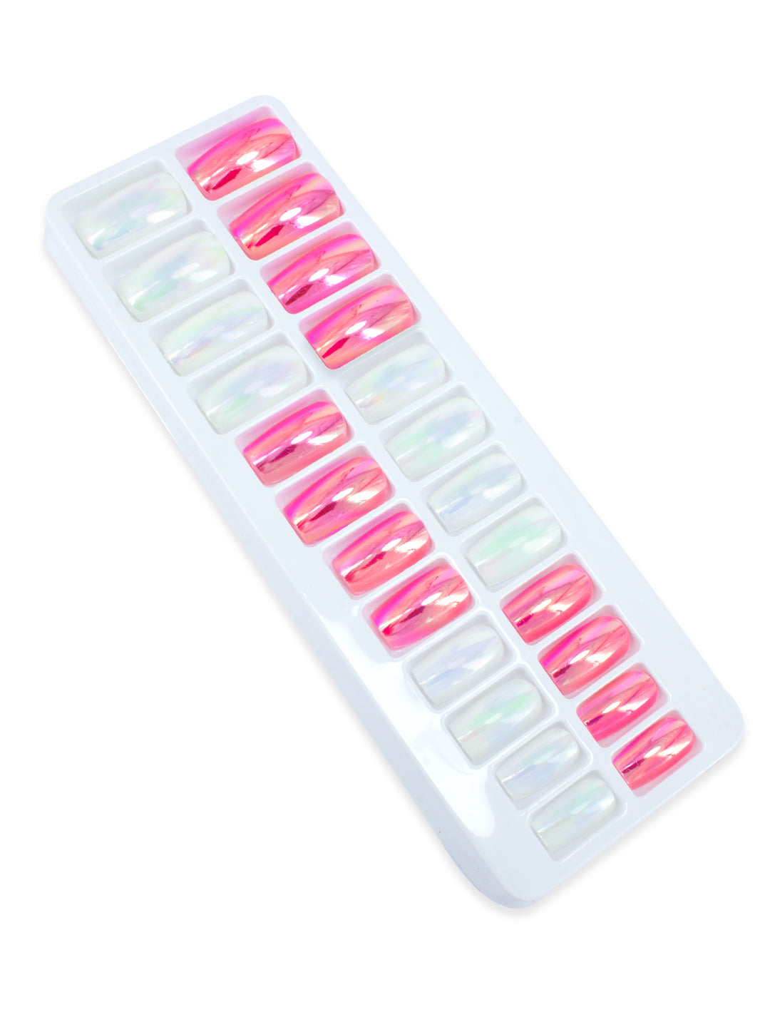 Set of 24 Pink and White Metallic Duochrome stick on nails