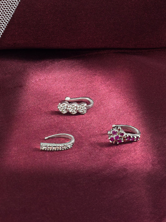 Pack of Three Silver-Plated AD Studded Nosepins