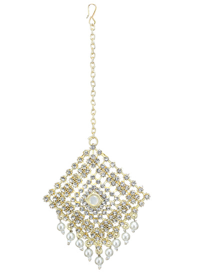 Gold Plated CZ & Beads Studded Earring With Maang Tikka