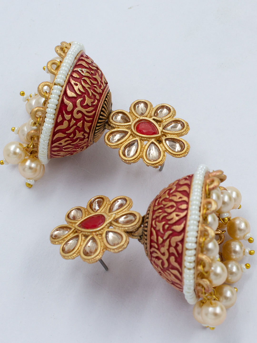 Red Floral Beads Drop Jhumka Earrings