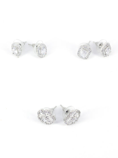 Pack Of 3 Rhodium Plated Geometric American Diamond Earrings