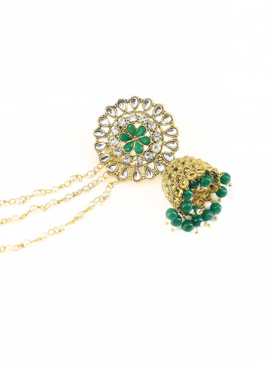 Green Floral Jhumka Earrings With Chain
