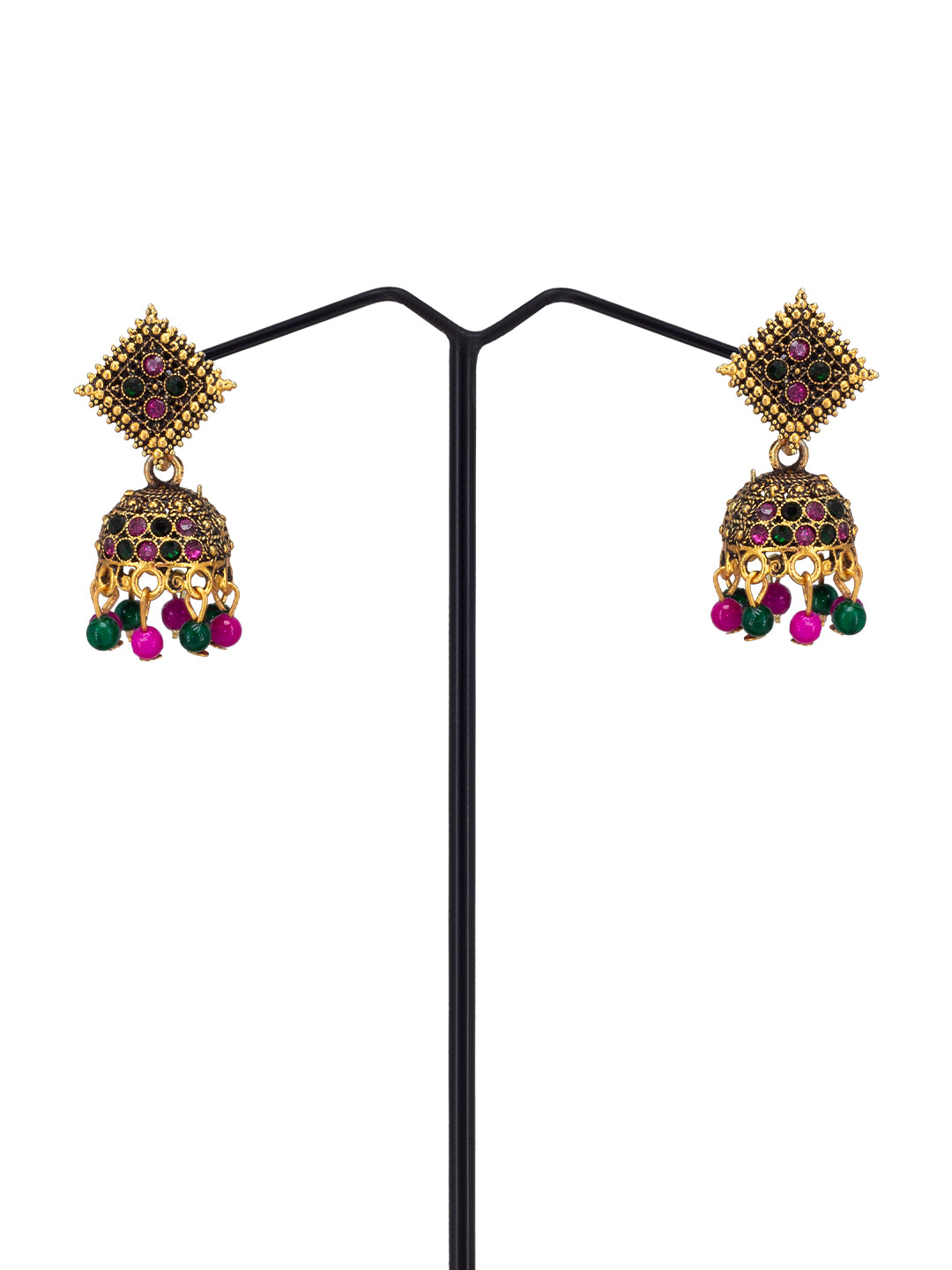 Antique Gold Plated Square Artificial Stone & Beaded Jhumki Earrings