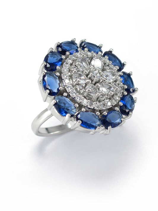 Rhodium-Plated Blue American Diamond Floral Adjustable Cocktail Finger Ring