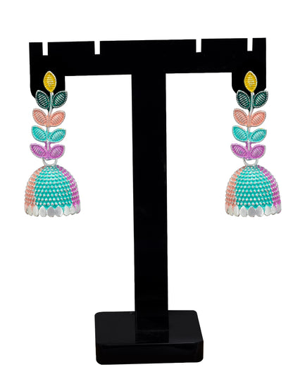 Silver-Plated Leaf Multi Color Jhumki Earrings