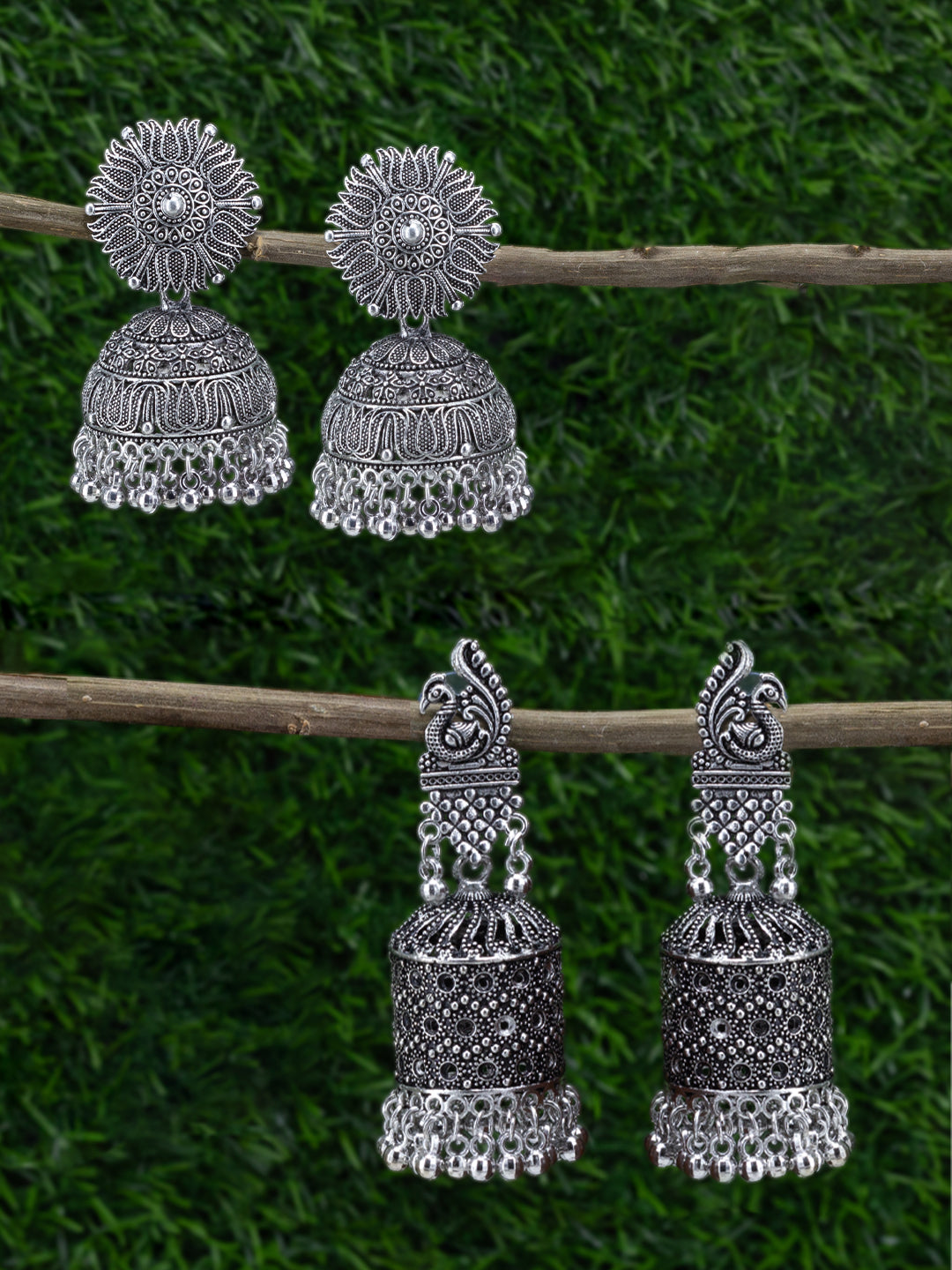 Pack Of 2 Floral Oxidised Jhumkas Earrings