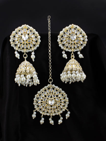 Gold- Plated Kundan Stone Studded Beaded Jhumka Earrings With Maangtika