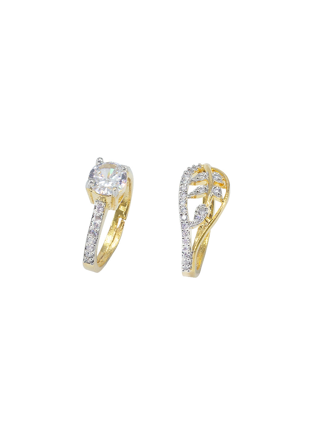 Set Of Two Gold Plated Solitaire American Diamond Adjustable Finger Rings