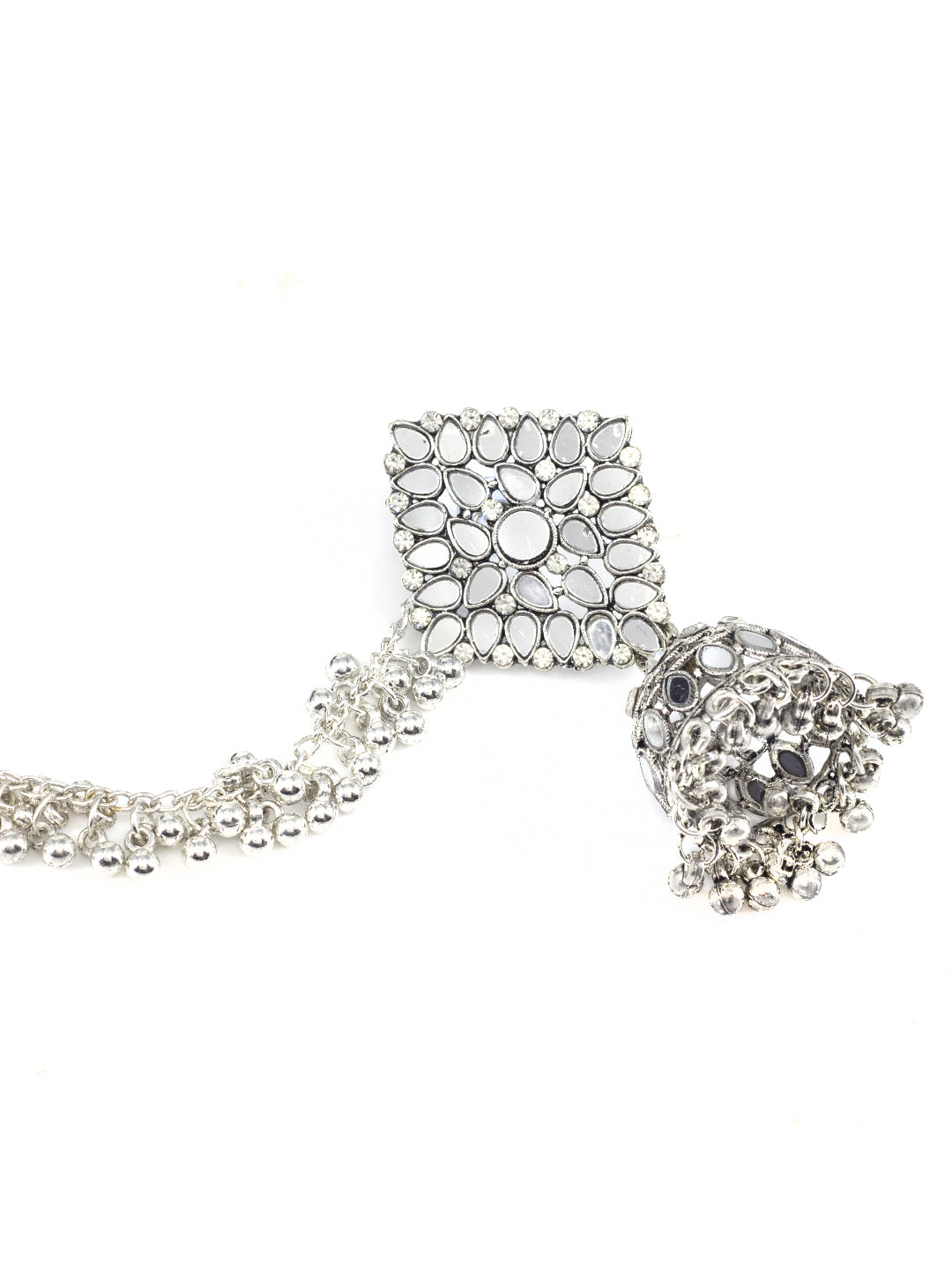 Mirror-Studded Jhumka Earrings With Chain