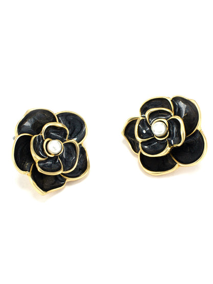 Gold-Plated Black Floral Studs Earrings