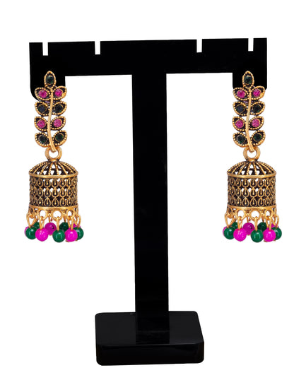 Antique Gold-Plated Leaf Artificial Stone & Beaded Jhumki Earrings