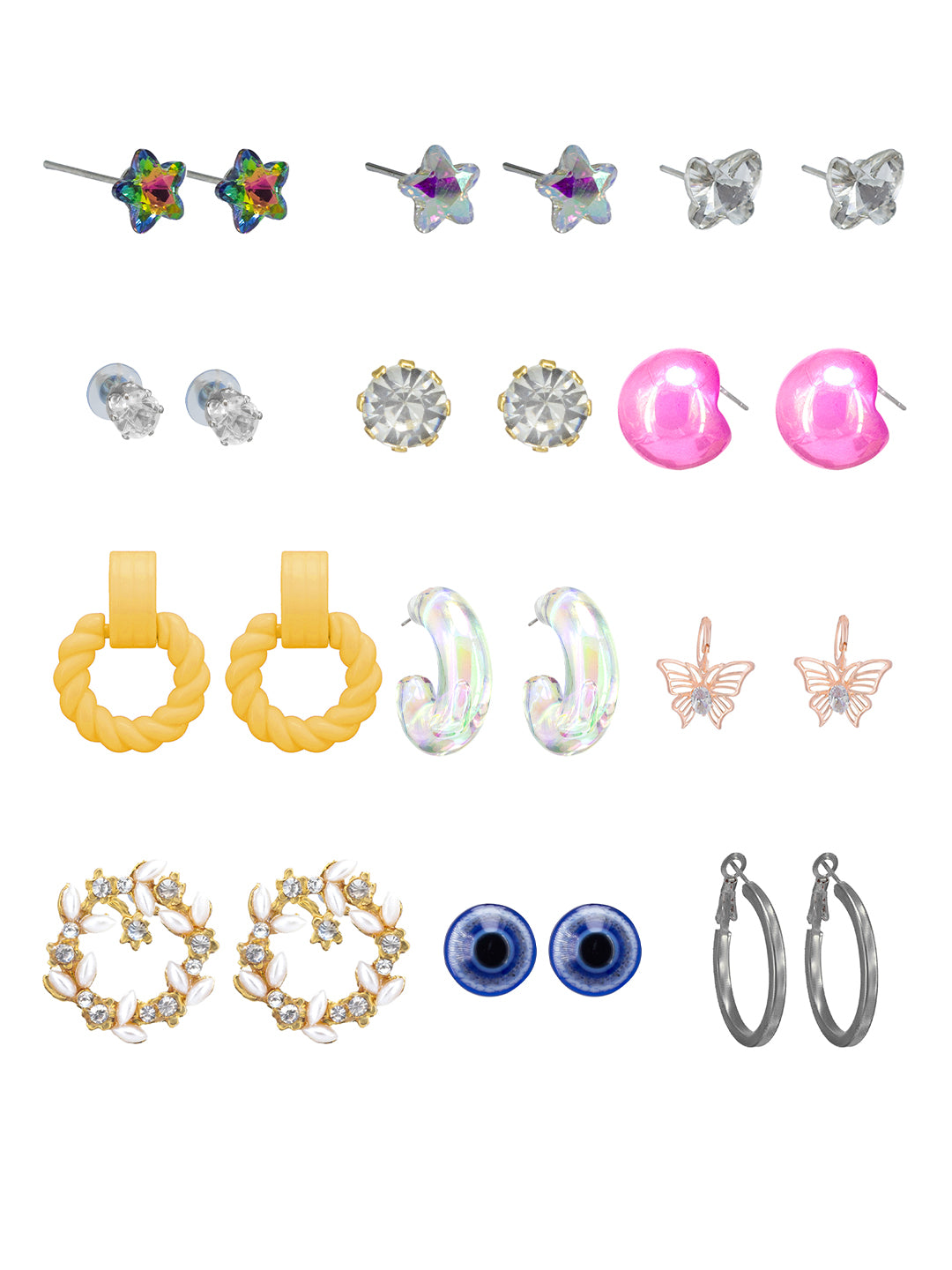 Pack of 12 Multi Colour Drop, Hoop & Studs Earrings