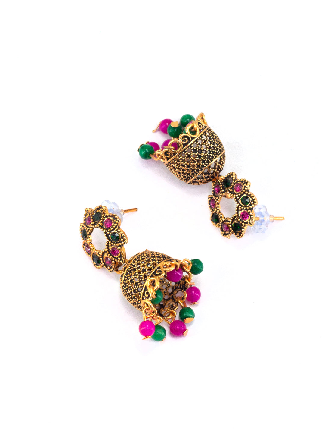 Antique Gold-Plated Floral Artificial Stone & Beaded Jhumki Earrings
