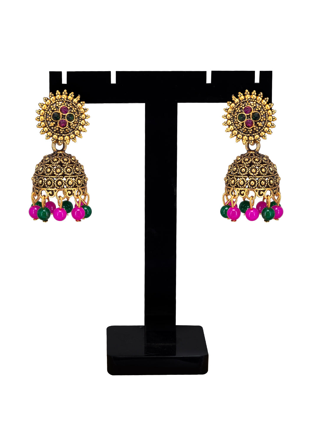 Antique Gold-Plated Floral Artificial Stone & Beaded Jhumki Earrings