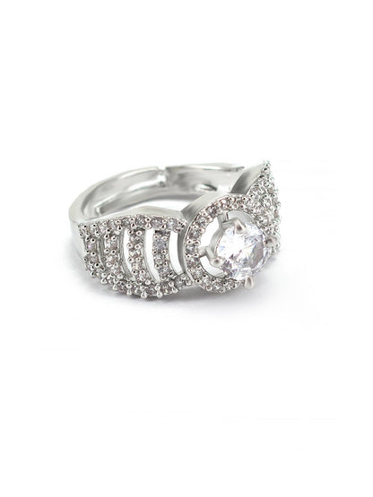Rhodium Plated American Diamond Adjustable Solitaire Finger Ring