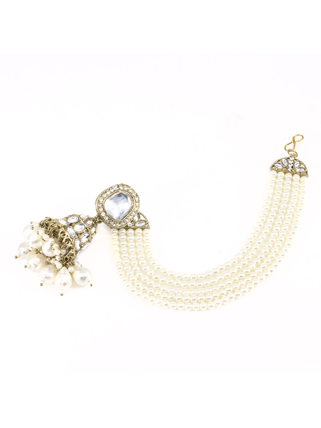 Kundan-Studded & Beaded Jhumka Earrings With Chain