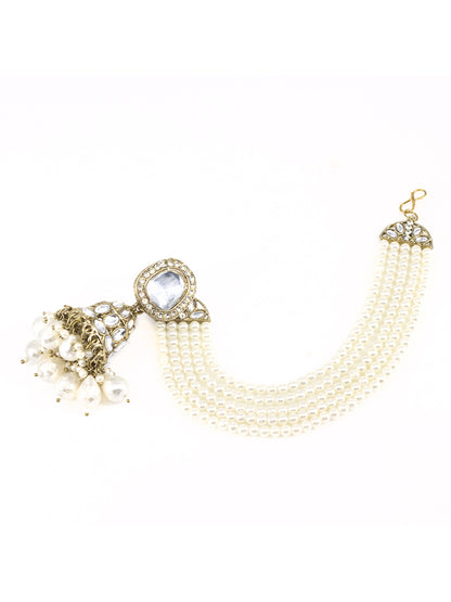 Kundan-Studded & Beaded Jhumka Earrings With Chain