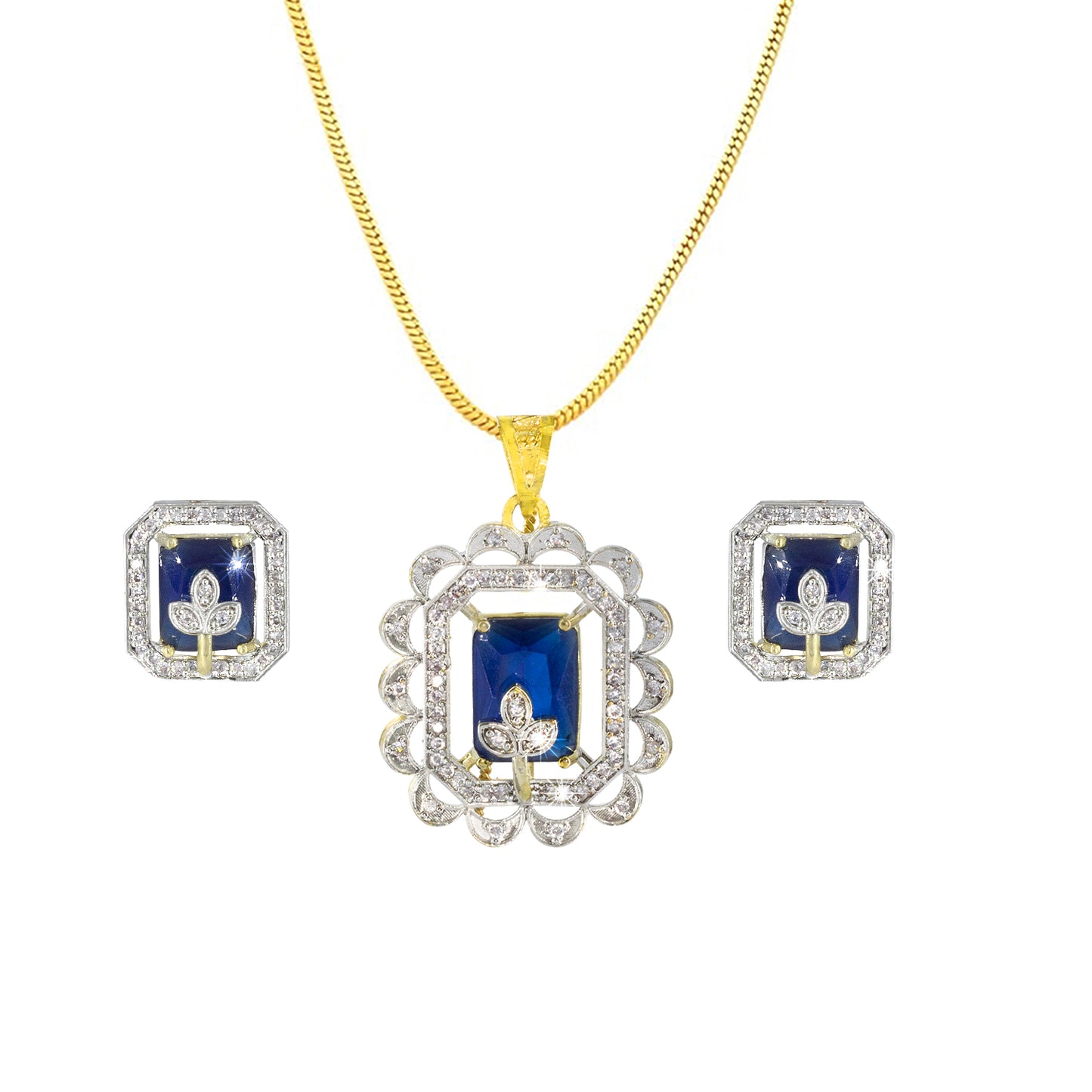 Blue Floral AD-Studded Pendant Set