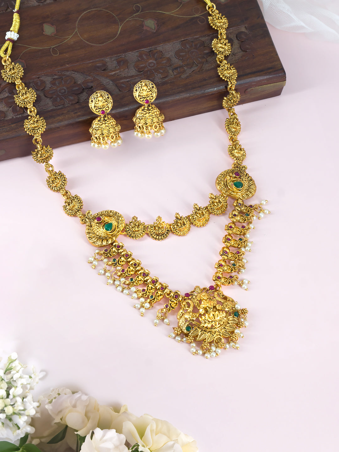 Antique Artificial Stones & Beads Temple Long Jewellery Set