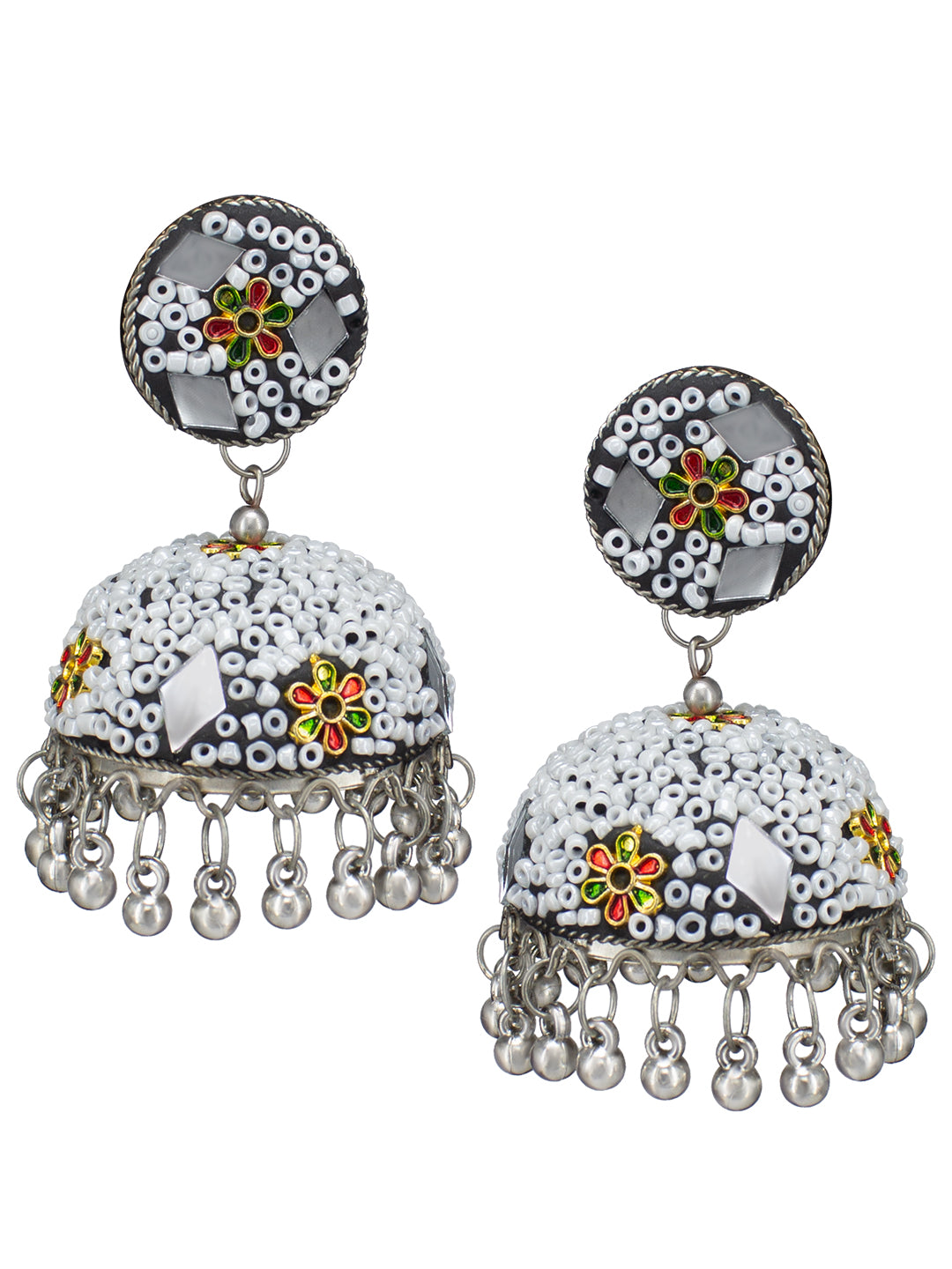 White Beads Drop Jhumka Earrings