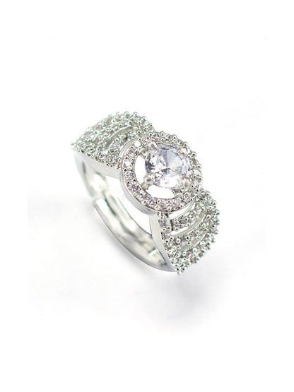 Rhodium Plated American Diamond Adjustable Solitaire Finger Ring