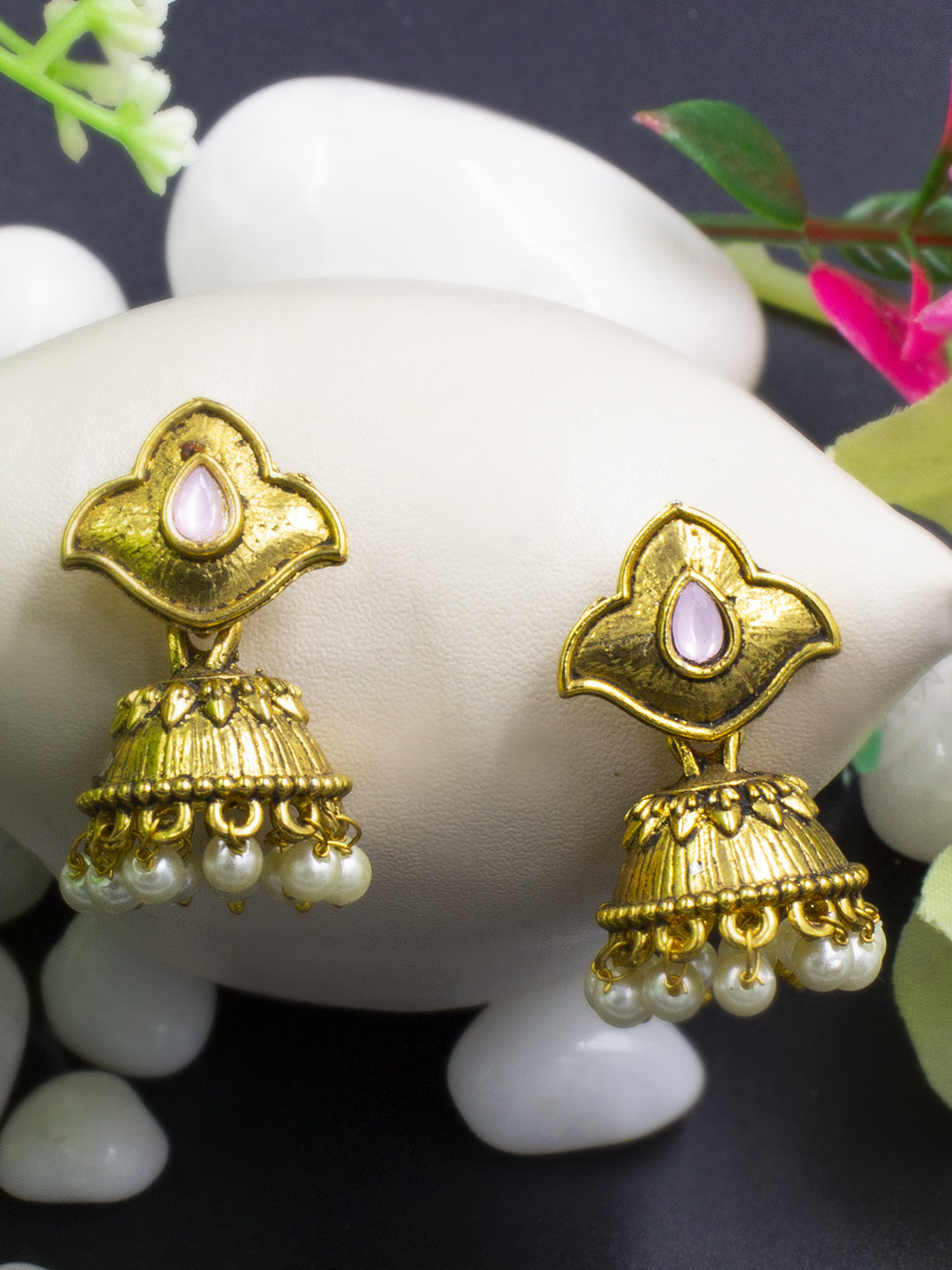 White Beads Drop Jhumki Earrings