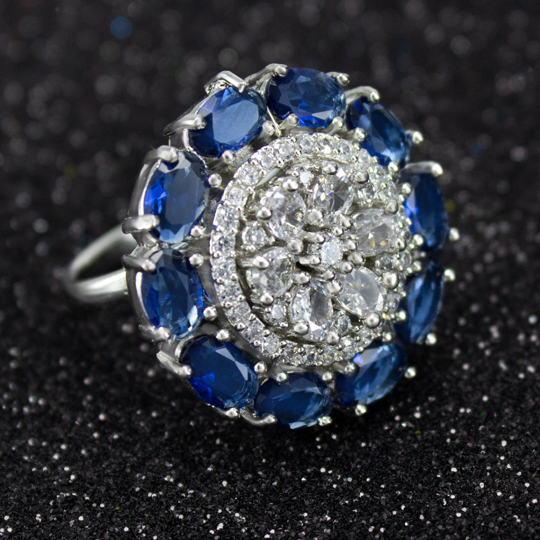 Rhodium-Plated Blue American Diamond Floral Adjustable Cocktail Finger Ring