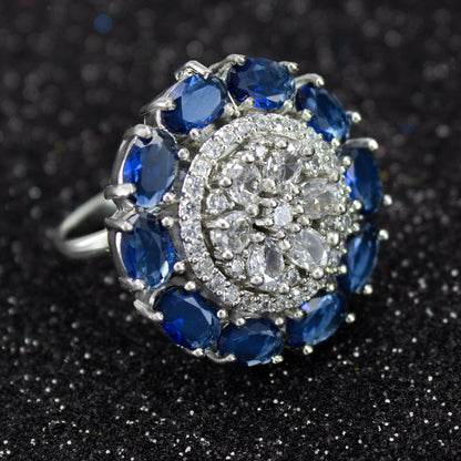 Rhodium-Plated Blue American Diamond Floral Adjustable Cocktail Finger Ring