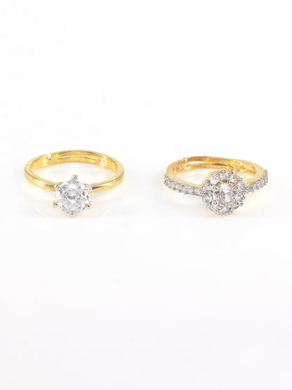 Set Of Two 1 kt Golden Solitaire American Diamond Trendy Adjustable Finger Rings