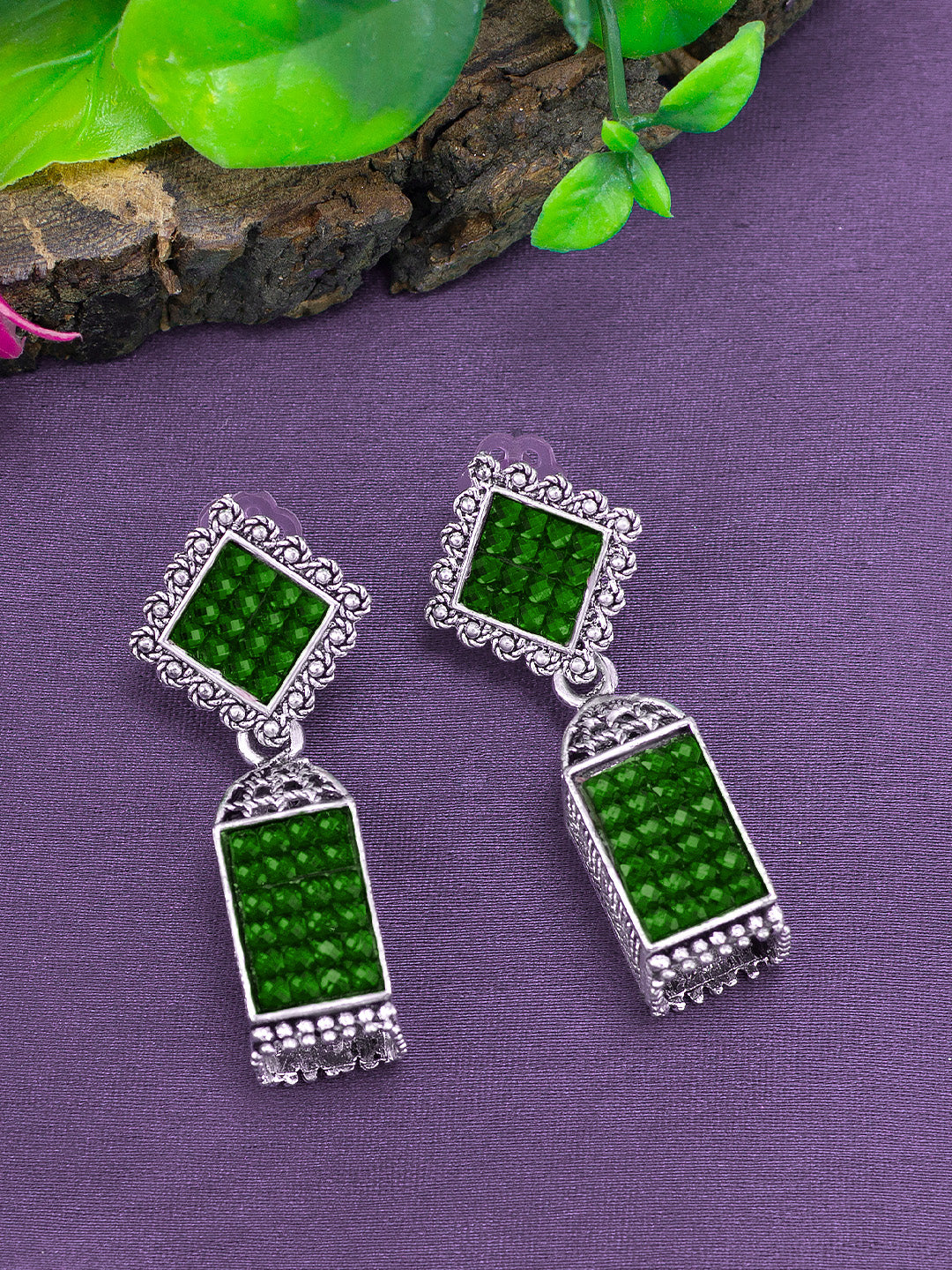 Green Square Drop Earrings
