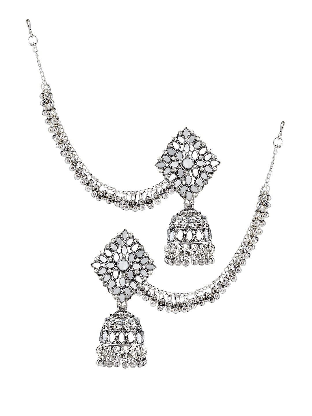 Mirror-Studded Jhumka Earrings With Chain
